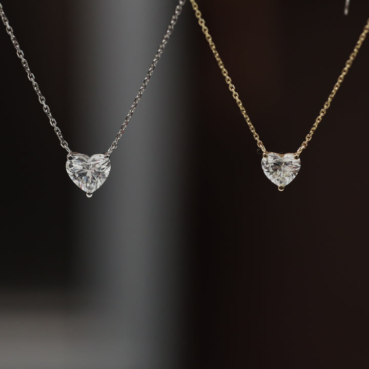 Heart Cut Pendant 3 Prong Lab Diamond Solitaire Necklace on 14K Solid Gold Chain (1 ct. - 3 ct.)