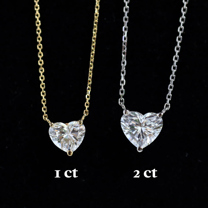 Heart Cut Pendant 3 Prong Lab Diamond Solitaire Necklace on 14K Solid Gold Chain (1 ct. - 3 ct.)