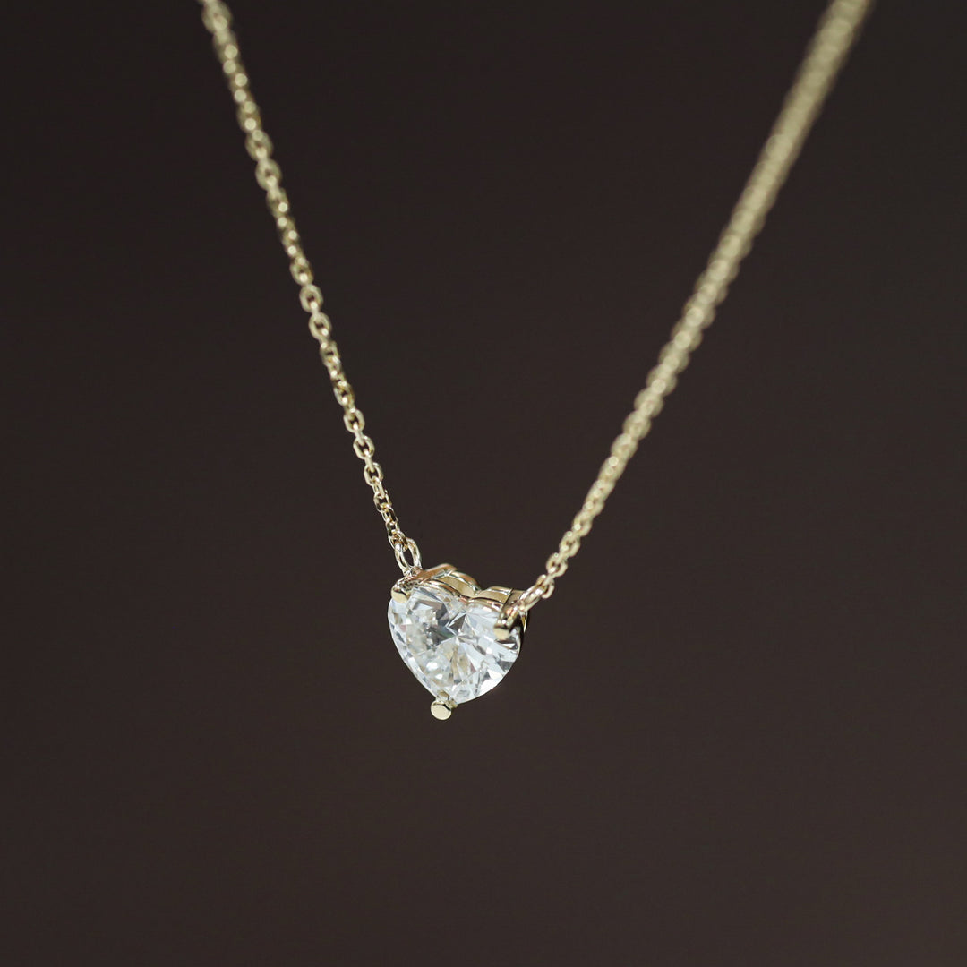 Heart Cut Pendant 3 Prong Lab Diamond Solitaire Necklace on 14K Solid Gold Chain (1 ct. - 3 ct.)