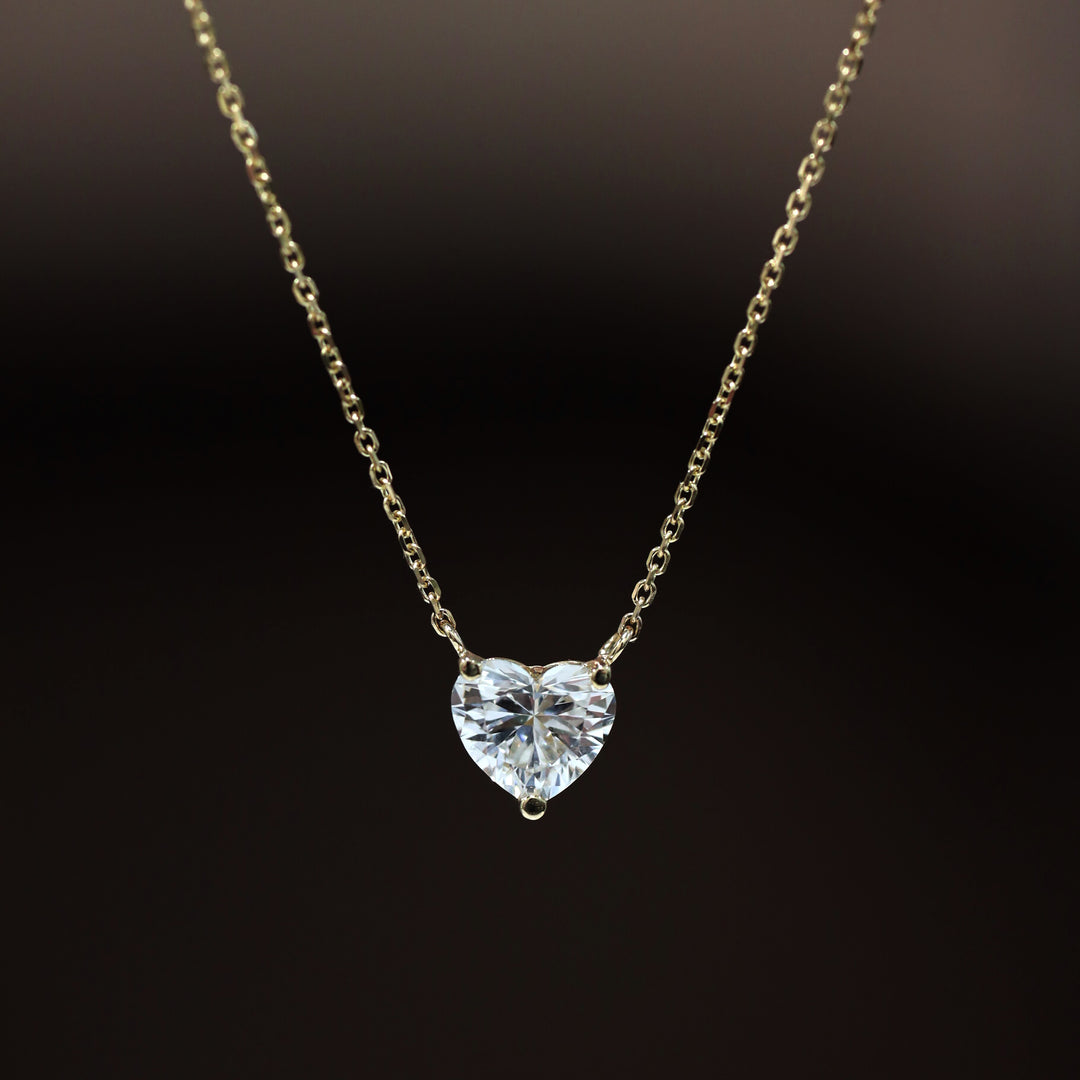 Heart Cut Pendant 3 Prong Lab Diamond Solitaire Necklace on 14K Solid Gold Chain (1 ct. - 3 ct.)