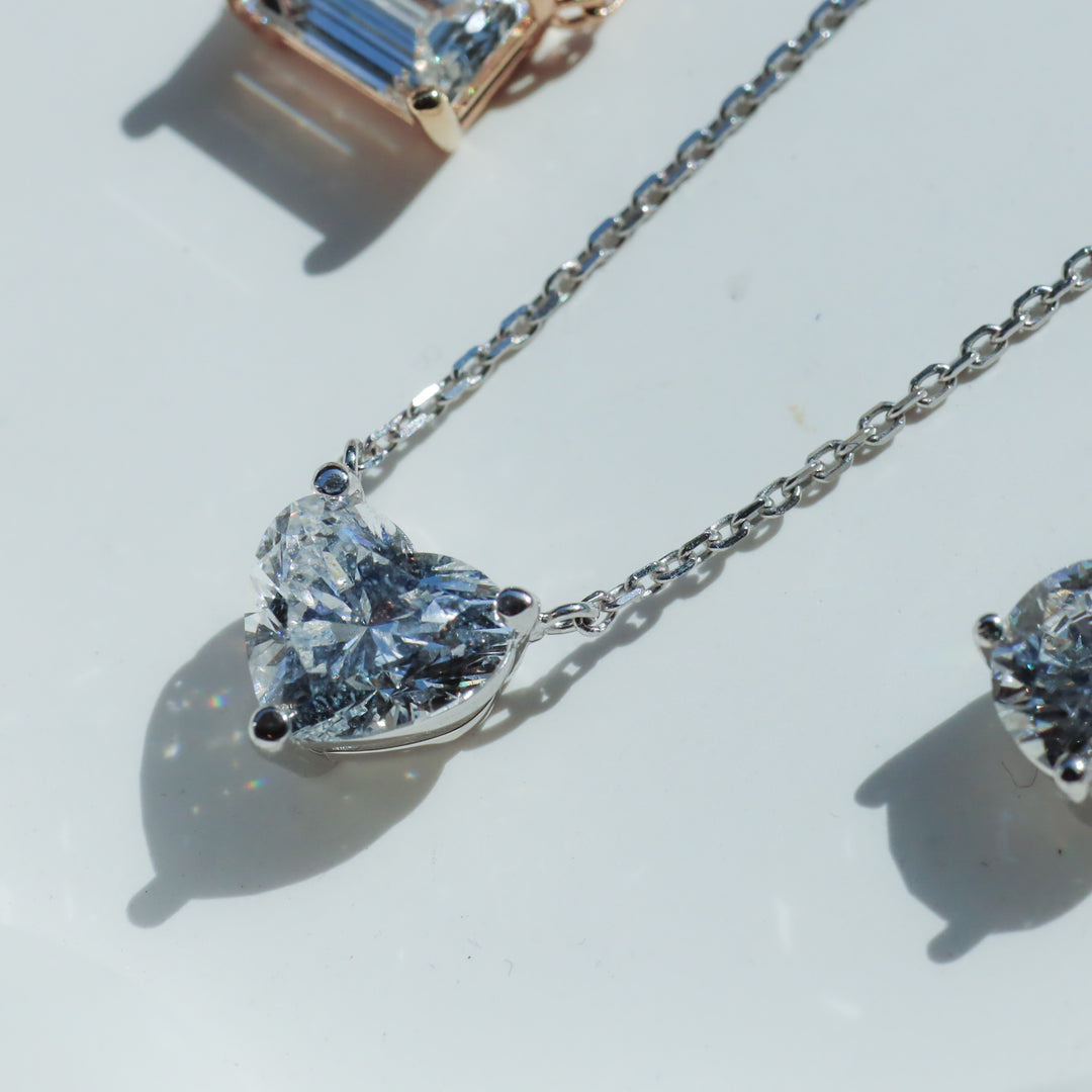 Heart Cut Pendant 3 Prong Lab Diamond Solitaire Necklace on 14K Solid Gold Chain (1 ct. - 3 ct.)