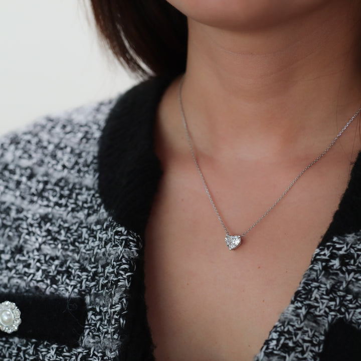 Heart Cut Pendant 3 Prong Lab Diamond Solitaire Necklace on 14K Solid Gold Chain (1 ct. - 3 ct.)