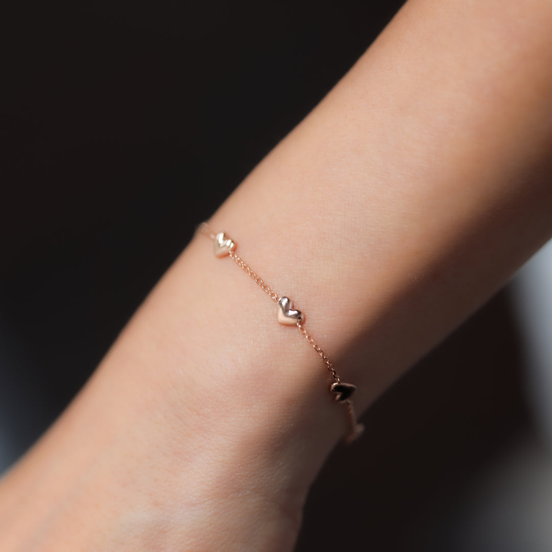 Heart Station 14K Solid Gold Bracelet