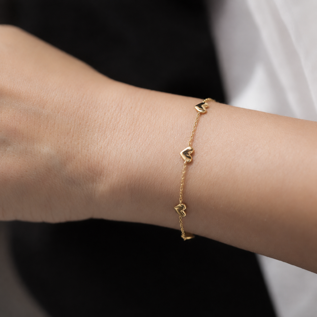 Heart Station 14K Solid Gold Bracelet