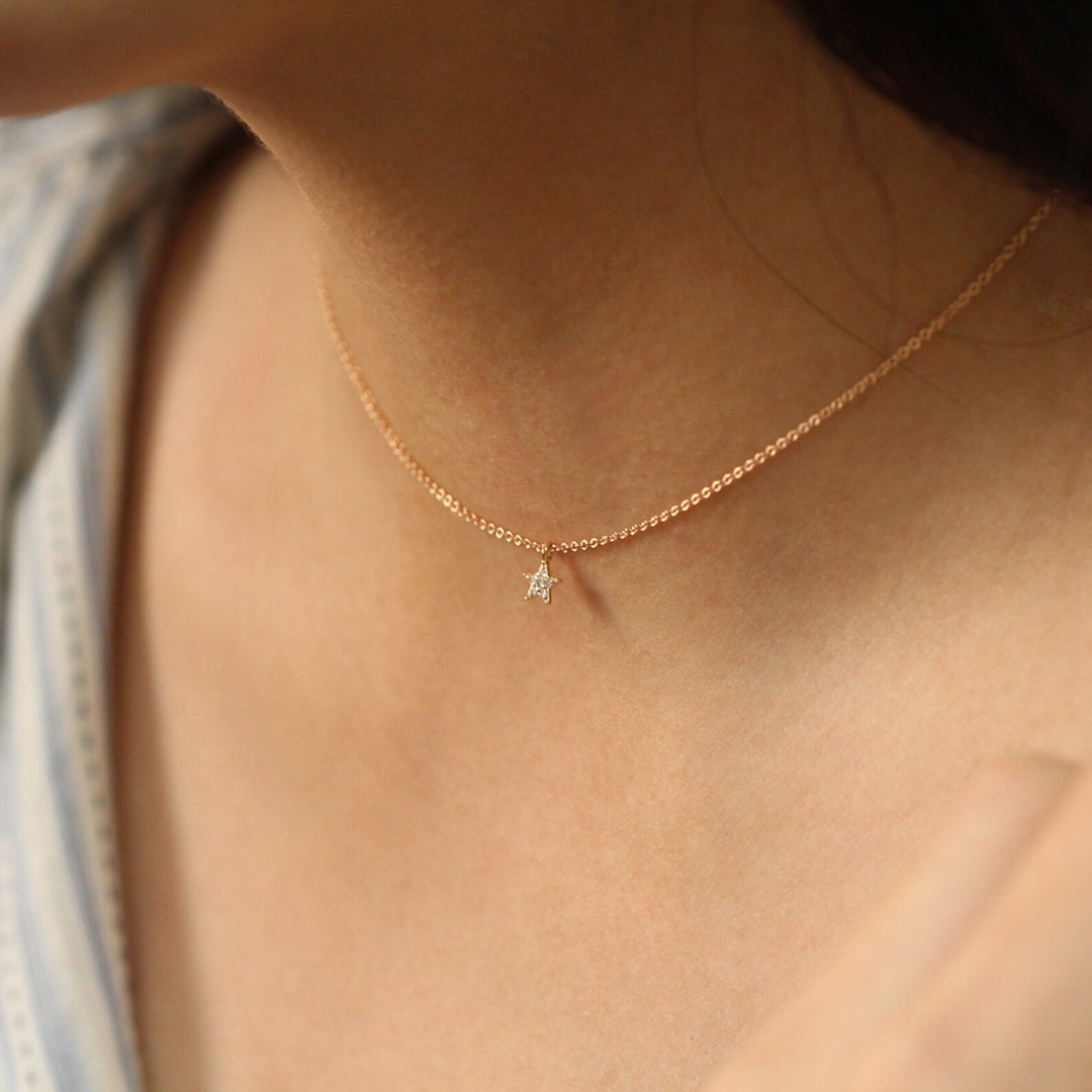 14K Gold Mini Tiny Star Diamond Charm Necklace