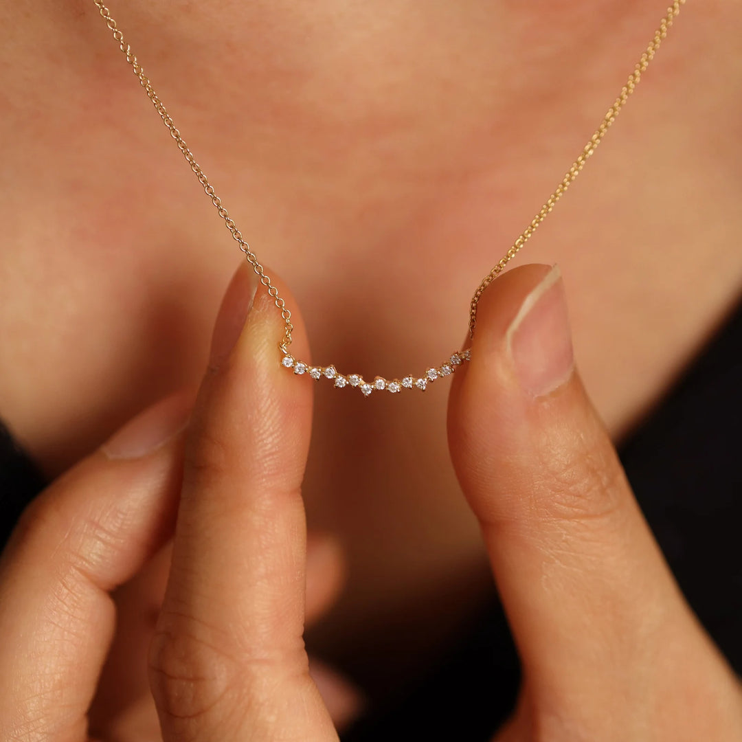 14K Gold Curved Cluster Diamond Necklace