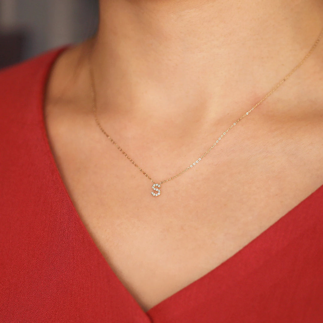 14K Solid Gold Diamond Initial Necklace – Personalized Bezel Letter Pendant