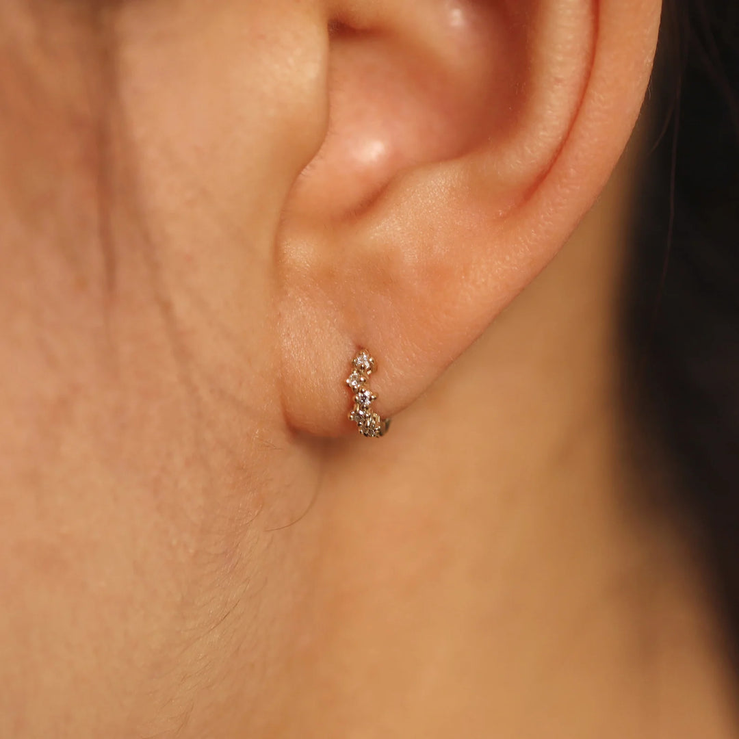 Diamond Cluster Huggie Hoop 9mm Earrings – 14K Gold Huggies, Single or Pair