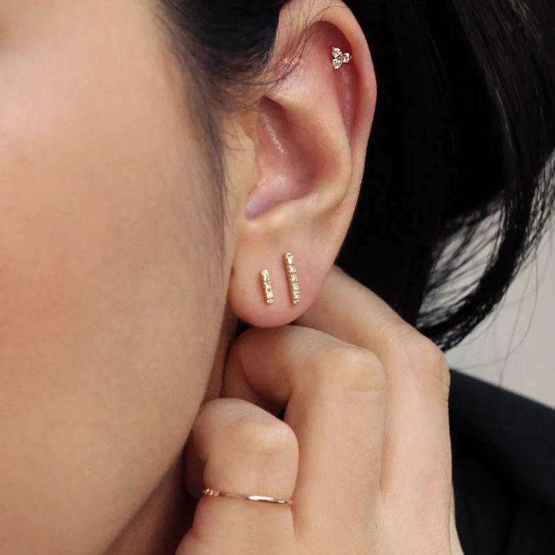 3-Diamond Shared Prong Triangle 14K Solid Gold Stud Earrings – Single or Pair