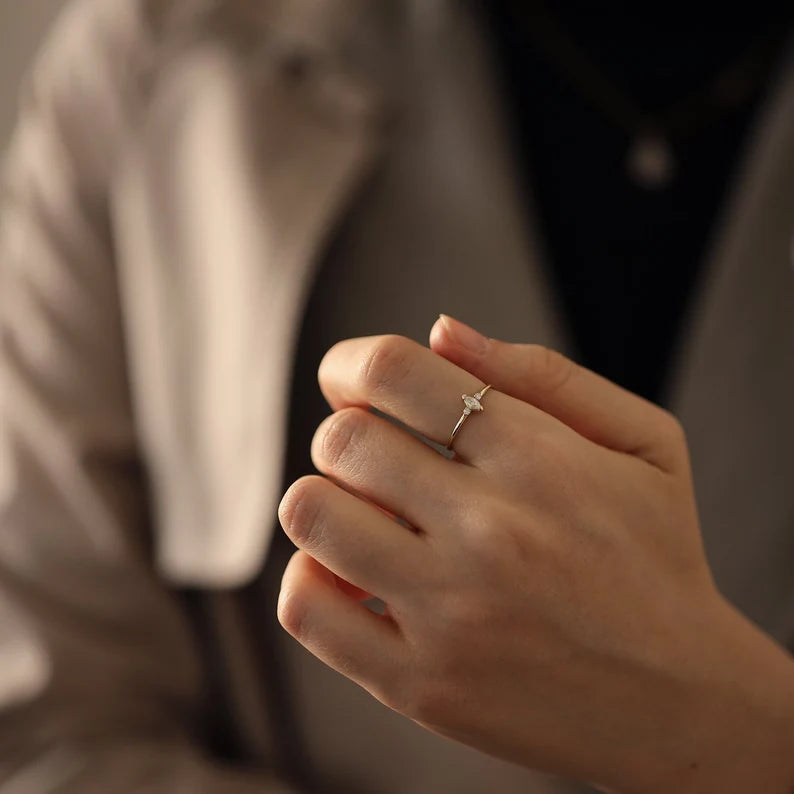 Marquise-Cut Diamond Ring -14K Gold Brilliant Cut Wedding Band