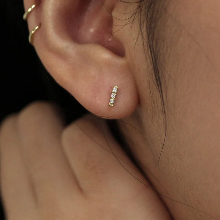 Diamond Trio Bar Stud Earrings – Minimalist Triple Diamond Bar Studs (Single or Pair)