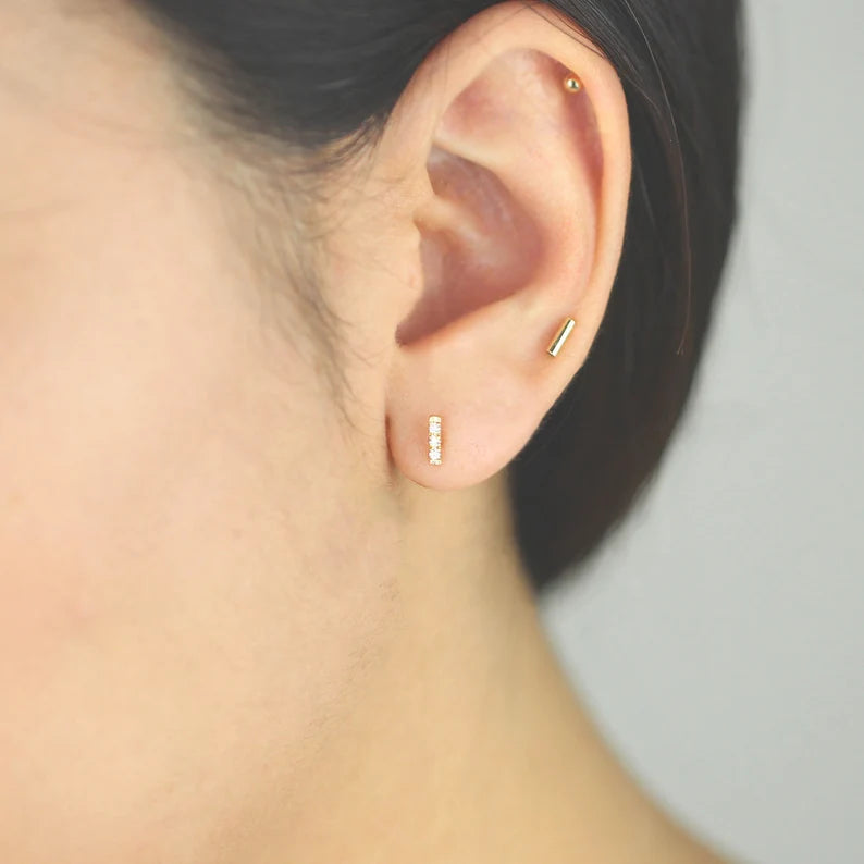 Diamond Trio Bar Stud Earrings – Minimalist Triple Diamond Bar Studs (Single or Pair)