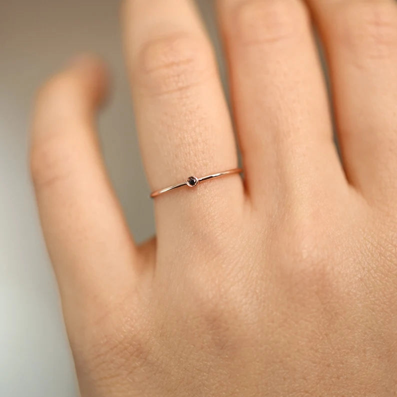 Black Diamond Solitaire Band – Minimalist 14K Solid Gold Stacking Ring