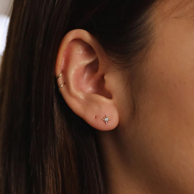 Diamond Polaris Star Stud Earrings – Tiny 14K Gold Star Diamond Studs (Single or Pair)