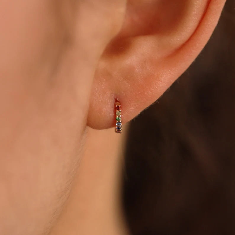 Rainbow Sapphire Huggie Earrings – Multi-Colored Gemstone Hoops in 14K Gold 9mm (Single or Pair)