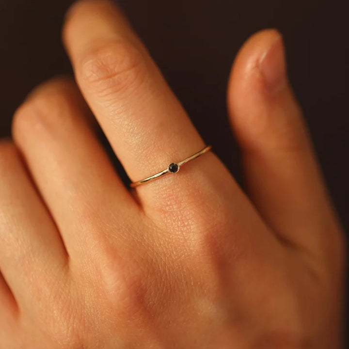 Black Diamond Solitaire Band – Minimalist 14K Solid Gold Stacking Ring