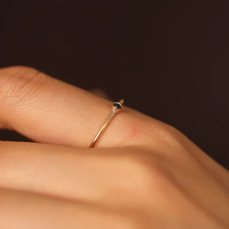 Black Diamond Solitaire Band – Minimalist 14K Solid Gold Stacking Ring