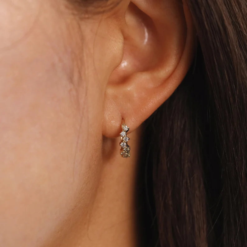 Diamond Cluster Huggie Hoop 13mm Earrings – 14K Gold Huggies, Single or Pair