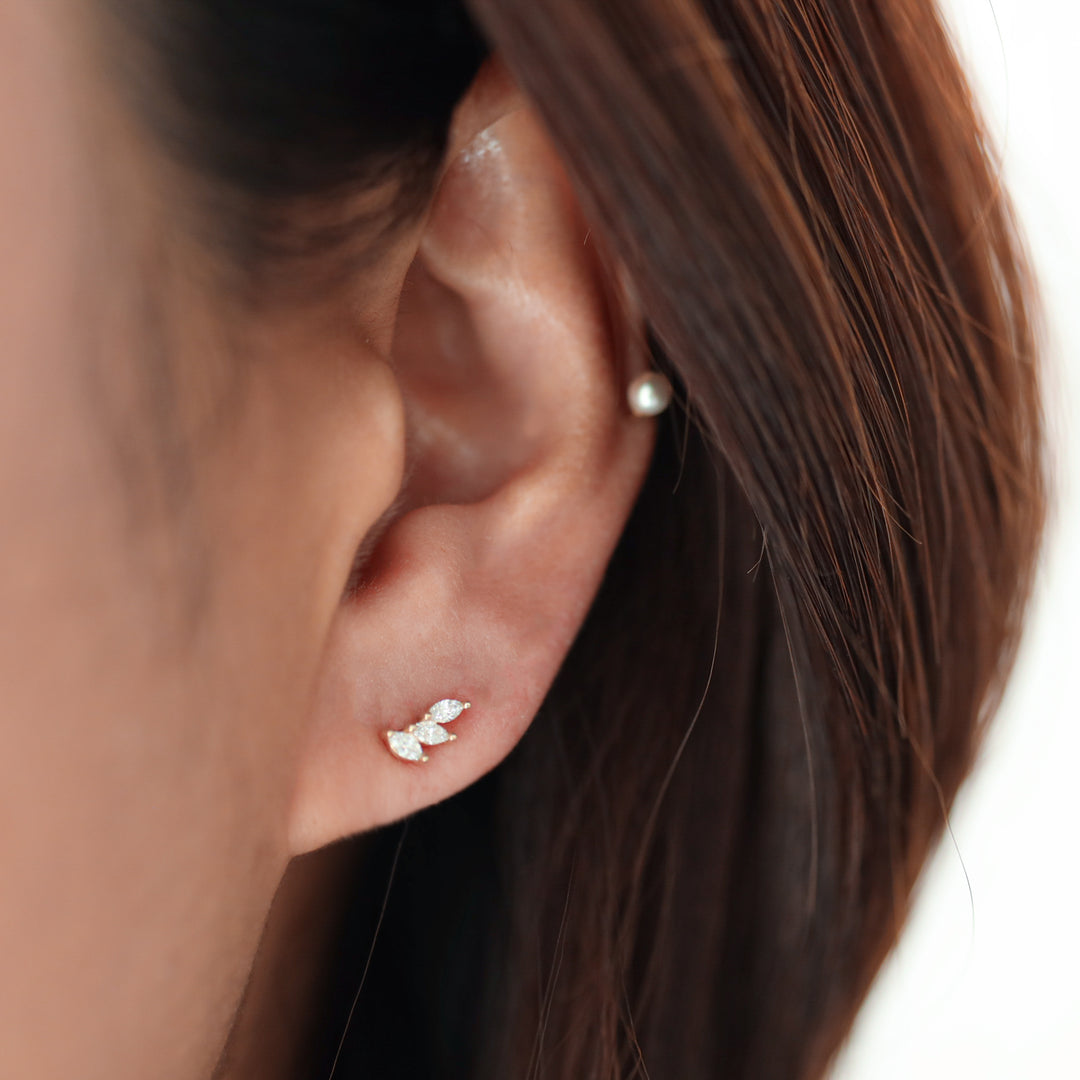Leaf Wing Shape 3 Marquise Cut Lab Diamonds 14K Solid Gold Earrings Studs - Small (Single or Pair) - Small
