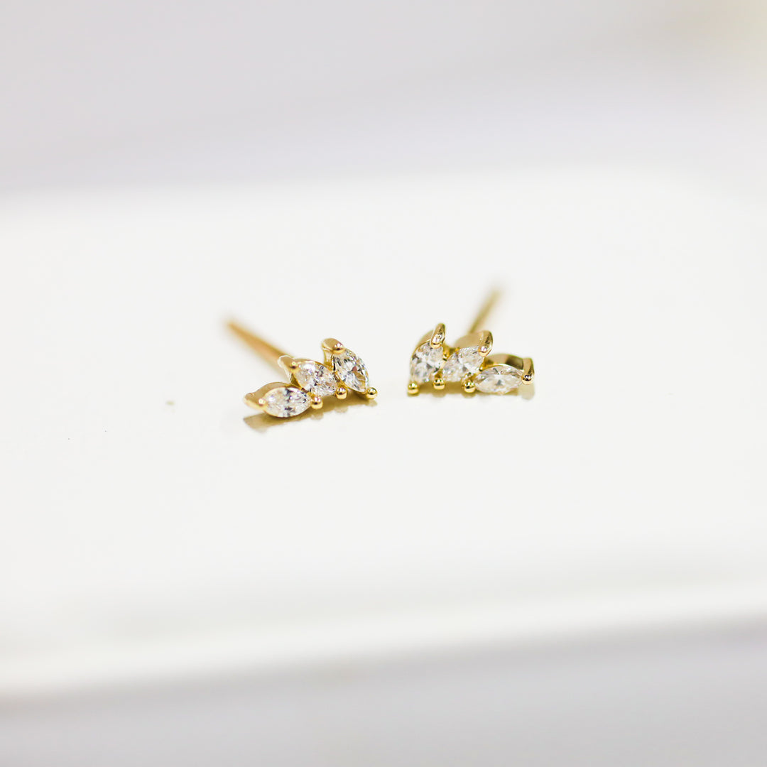 Leaf Wing Shape 3 Marquise Cut Lab Diamonds 14K Solid Gold Earrings Studs - Large (Single or Pair)
