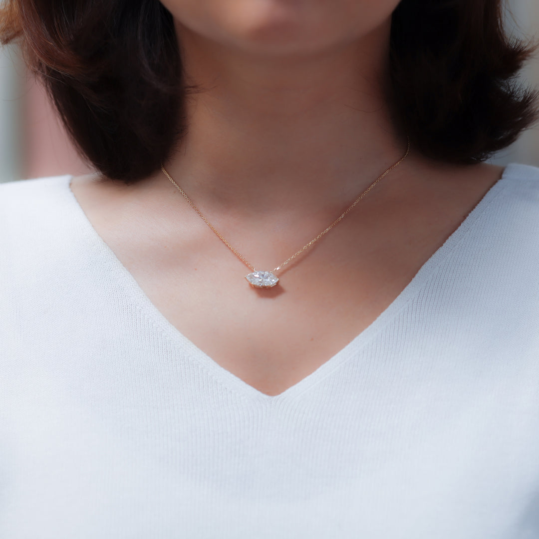 Lab Grown Marquise Cut Diamond Solitaire Necklace on 14K Solid Gold Chain (1 ct. - 3 ct.)