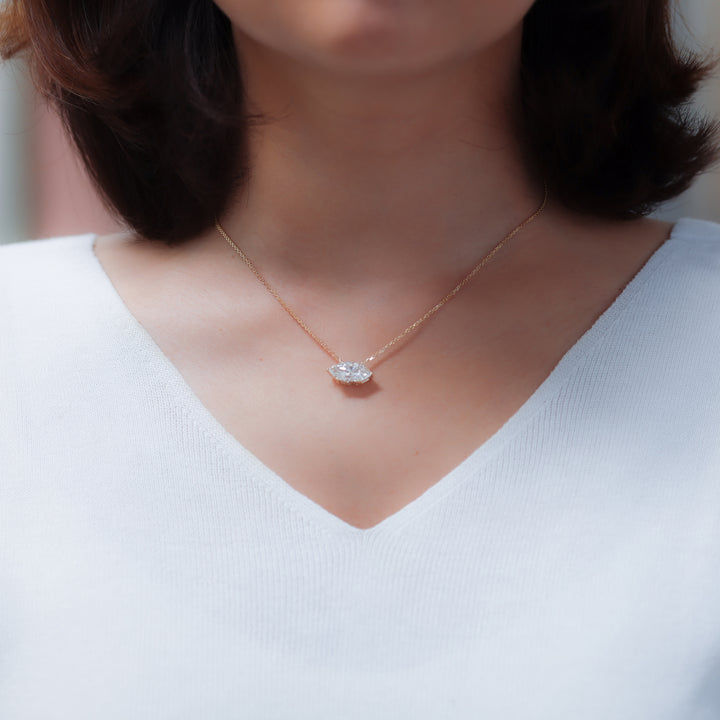 Lab Grown Marquise Cut Diamond Solitaire Necklace on 14K Solid Gold Chain (1 ct. - 3 ct.)