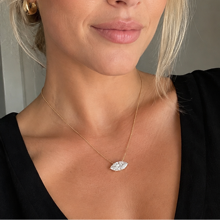 Lab Grown Marquise Cut Diamond Solitaire Necklace on 14K Solid Gold Chain (1 ct. - 3 ct.)