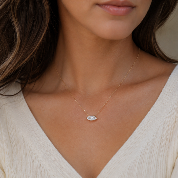 Lab Grown Marquise Cut Diamond Solitaire Necklace on 14K Solid Gold Chain (1 ct. - 3 ct.)