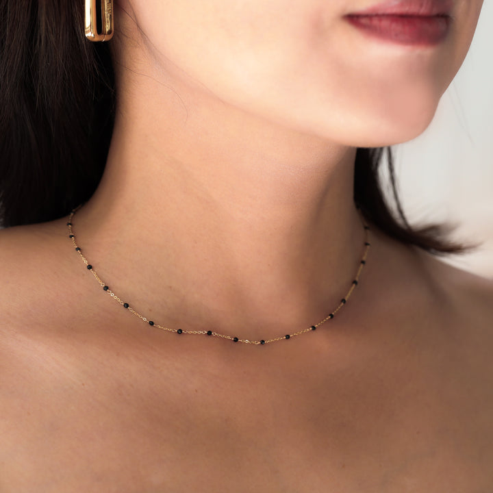 Dainty Black Spinel Beads by Yard Necklace, Bead Chain 14k Gold Necklace