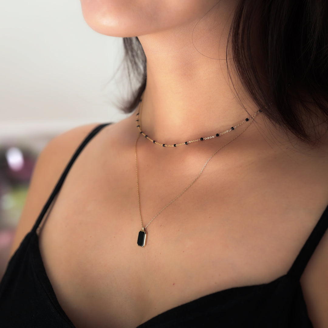 Dainty Black Spinel Beads by Yard Necklace, Bead Chain 14k Gold Necklace