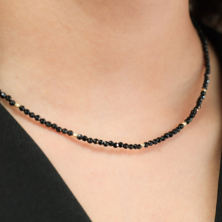 Black Spinel Beads Necklace, 14k Gold Accent Necklace