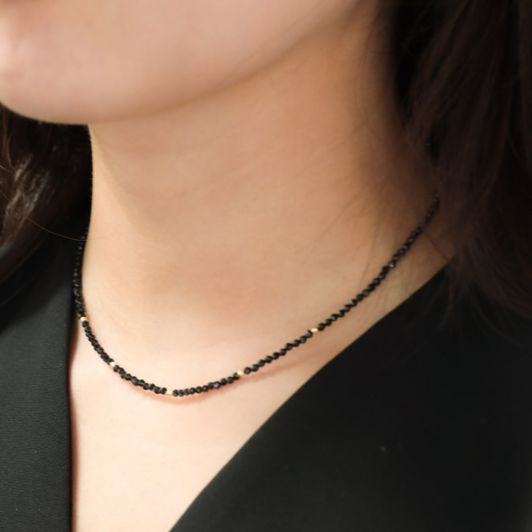 Black Spinel Beads Necklace, 14k Gold Accent Necklace