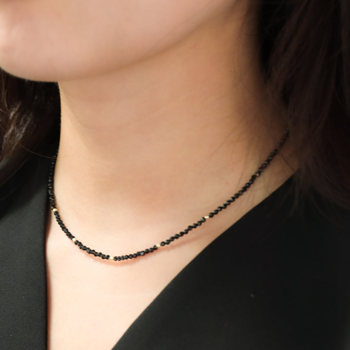 Black Spinel Beads Necklace, 14k Gold Accent Necklace