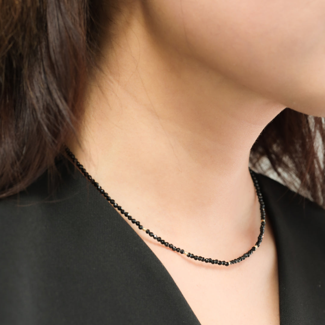 Black Spinel Beads Necklace, 14k Gold Accent Necklace