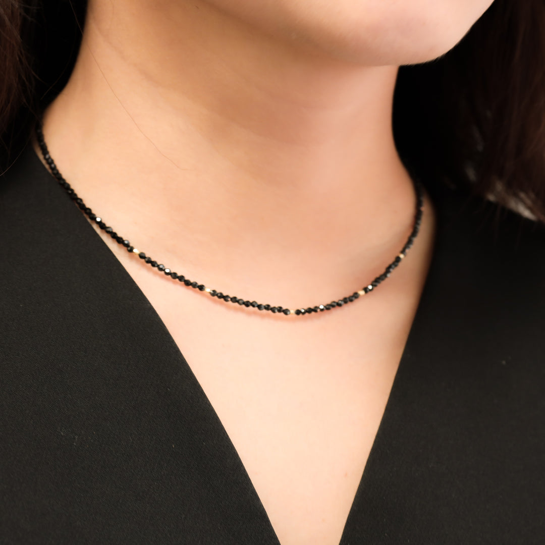 Black Spinel Beads Necklace, 14k Gold Accent Necklace