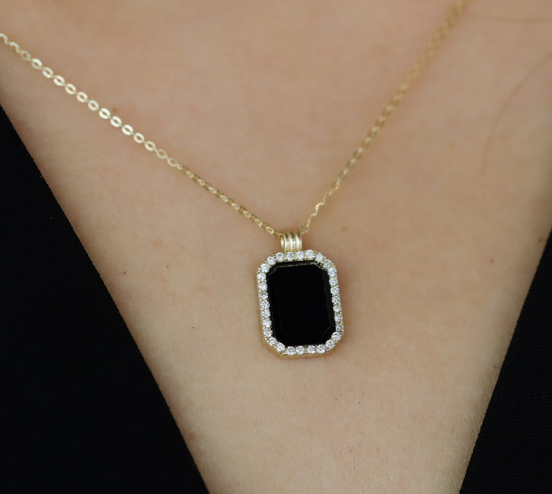 Gold Natural Black Onyx Pendant Necklace with Halo Lab Diamonds - Engravable Back