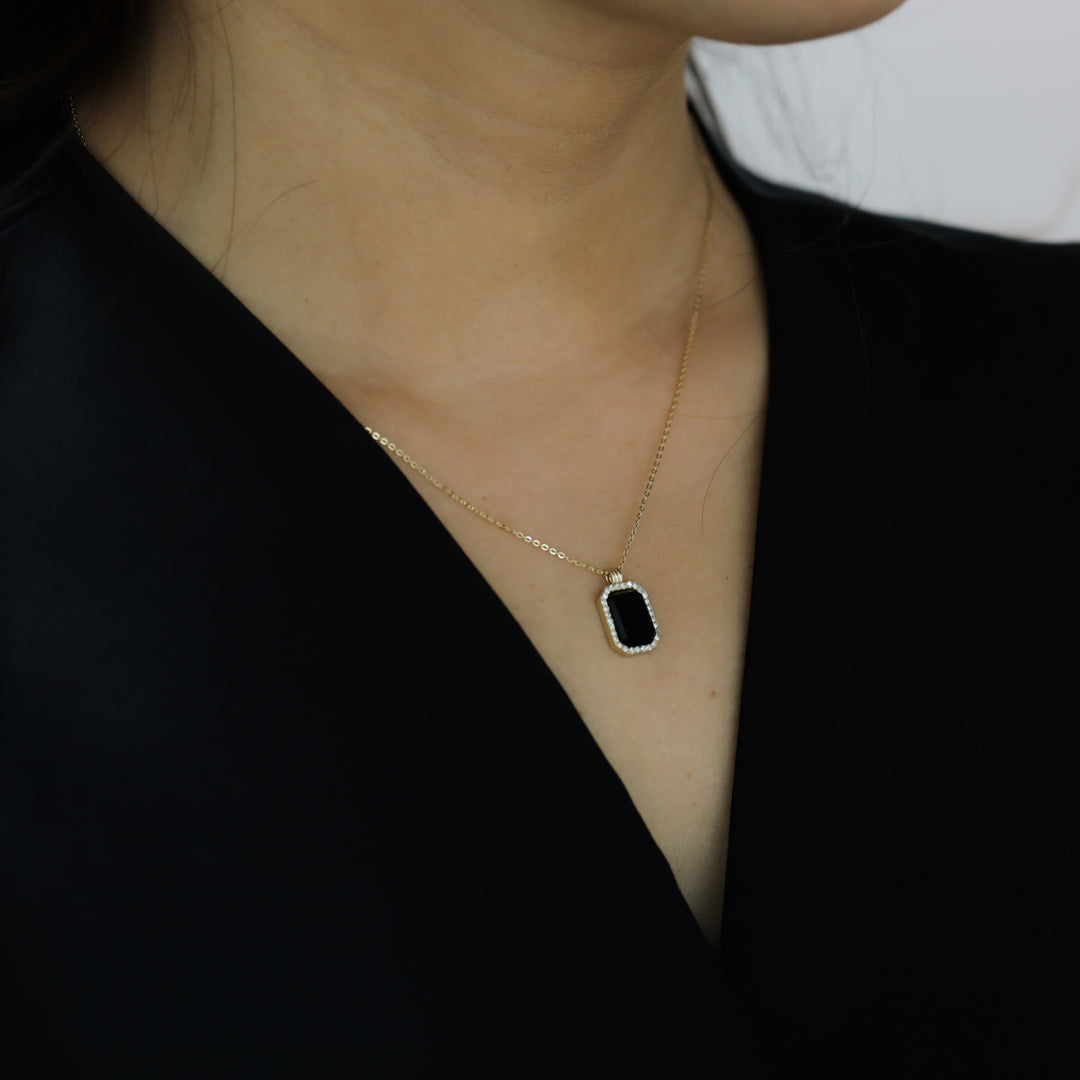 Gold Natural Black Onyx Pendant Necklace with Halo Lab Diamonds - Engravable Back