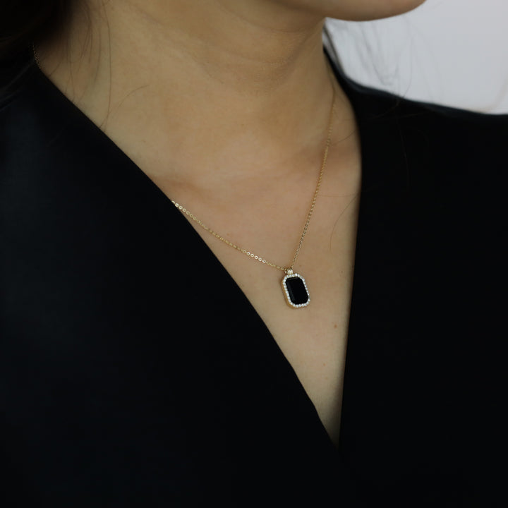 Gold Natural Black Onyx Pendant Necklace with Halo Lab Diamonds - Engravable Back