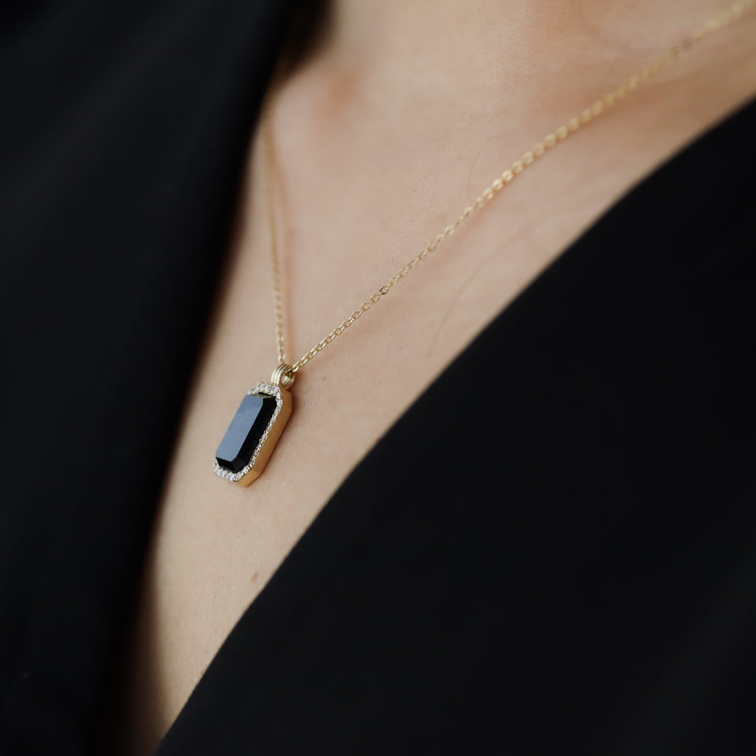 Gold Natural Black Onyx Pendant Necklace with Halo Lab Diamonds - Engravable Back