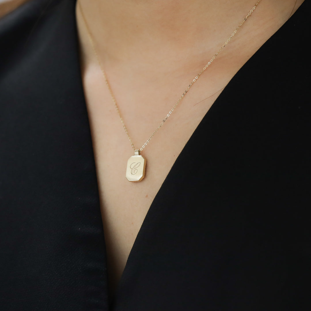 Gold Natural Black Onyx Pendant Necklace with Halo Lab Diamonds - Engravable Back