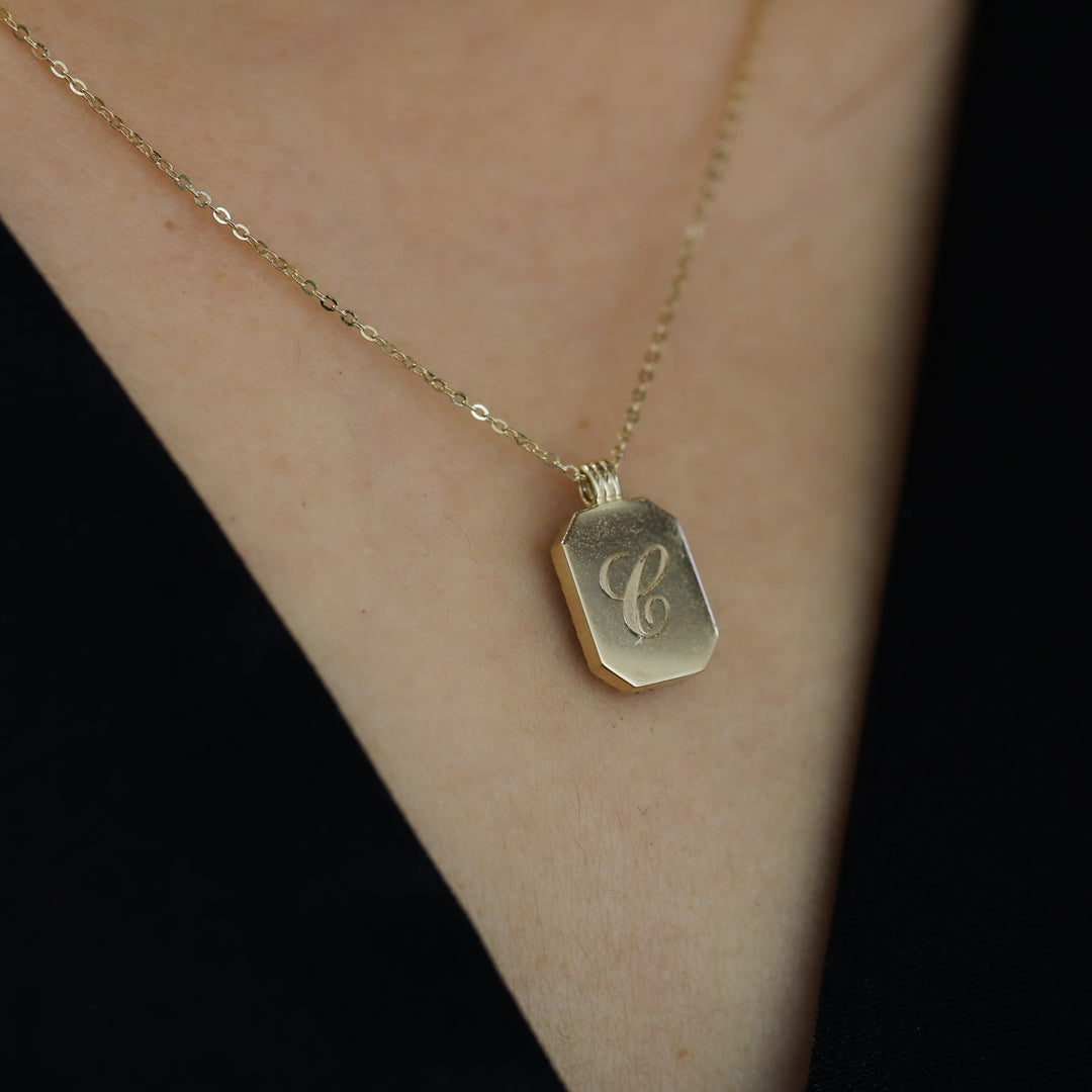 Gold Natural Black Onyx Pendant Necklace with Halo Lab Diamonds - Engravable Back