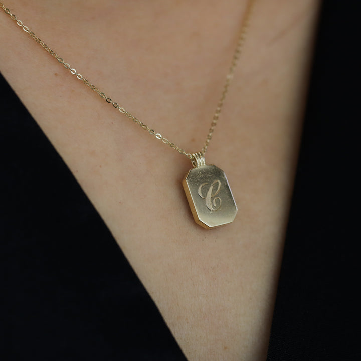 Gold Natural Black Onyx Pendant Necklace with Halo Lab Diamonds - Engravable Back
