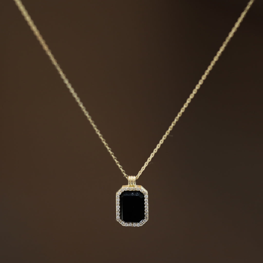 Gold Natural Black Onyx Pendant Necklace with Halo Lab Diamonds - Engravable Back
