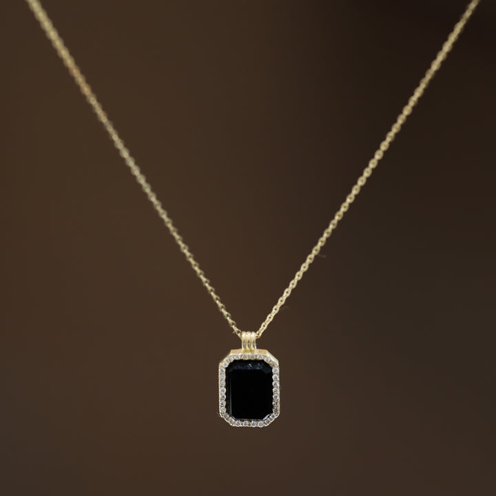 Gold Natural Black Onyx Pendant Necklace with Halo Lab Diamonds - Engravable Back