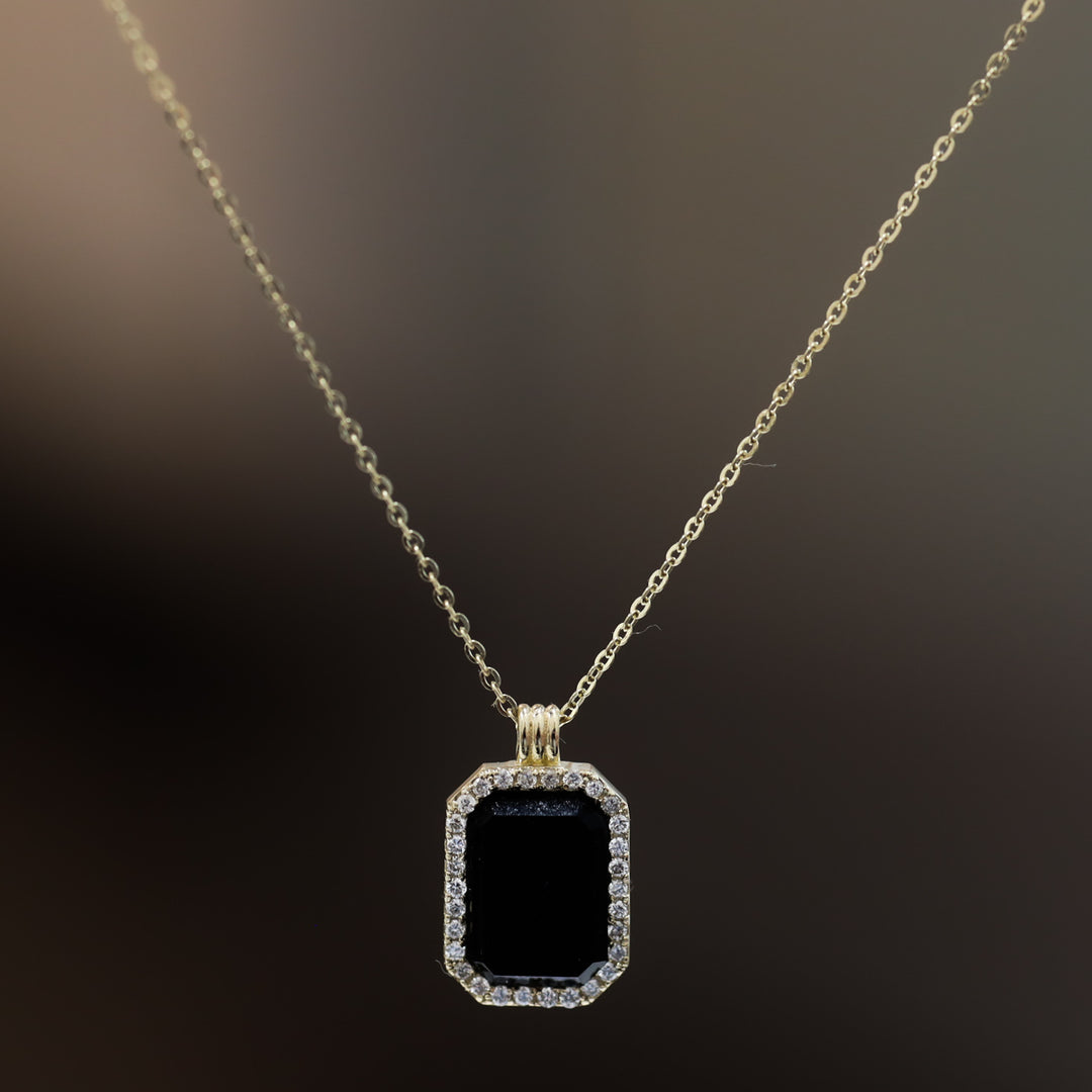 Gold Natural Black Onyx Pendant Necklace with Halo Lab Diamonds - Engravable Back