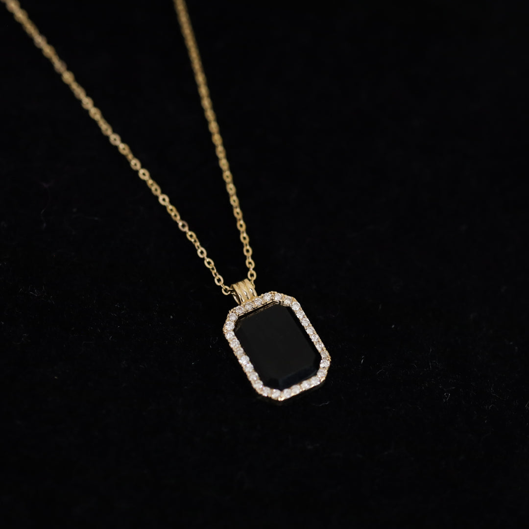 Gold Natural Black Onyx Pendant Necklace with Halo Lab Diamonds - Engravable Back