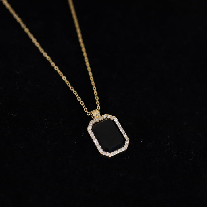 Gold Natural Black Onyx Pendant Necklace with Halo Lab Diamonds - Engravable Back