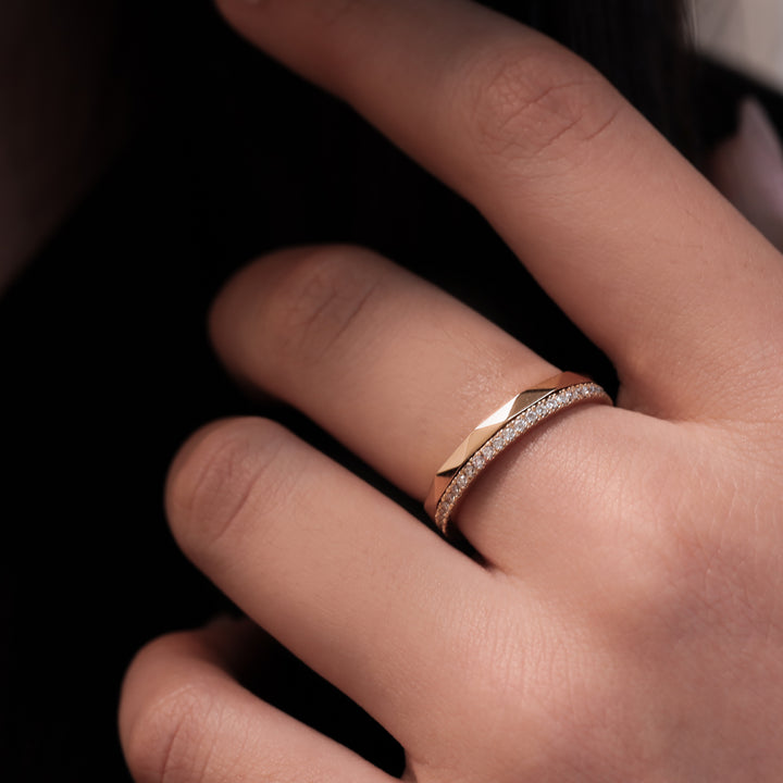 Stacking Ring - Geometric Faceted & Lab Diamond Eternity Pavé Wedding Band