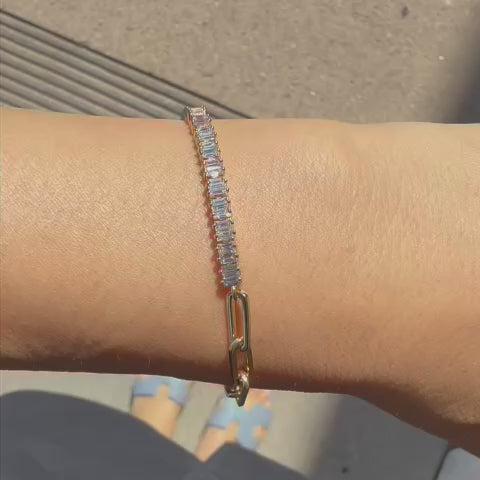 Baguette Tennis Diamond & Paperclip Chain Bracelet – 14K Solid Gold