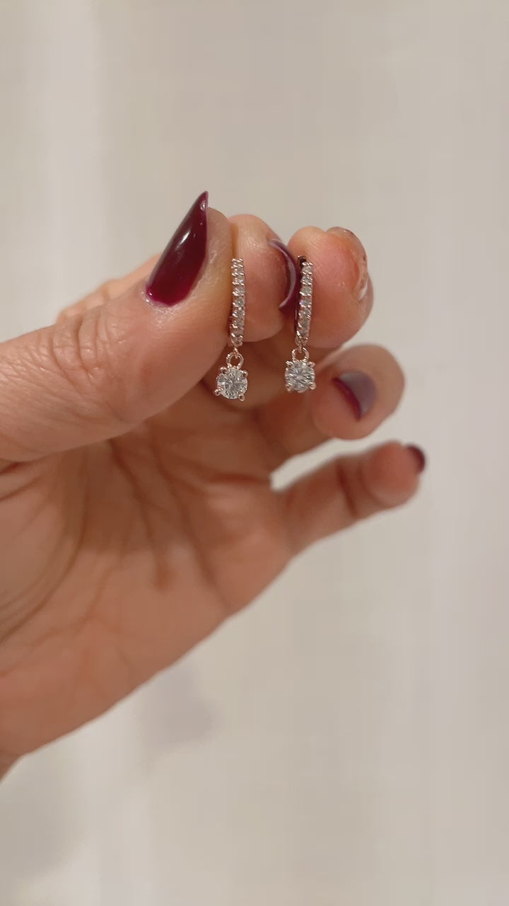 Dangling Drop Diamond Huggie Hoop Earrings – 11mm Diamond Hoops with Dangle Charm, Single or Pair
